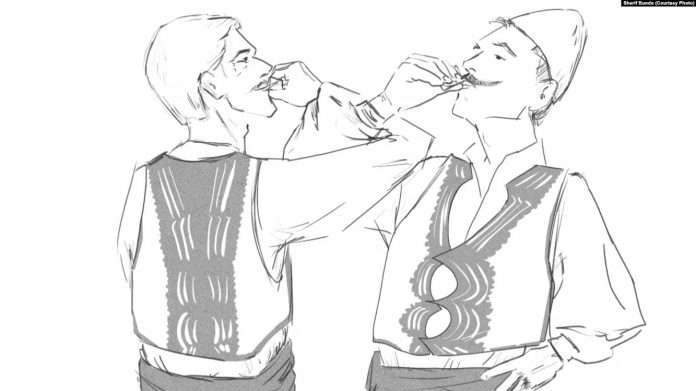 Vizatim i dy burrave shqiptarë duke ngritur dolli.