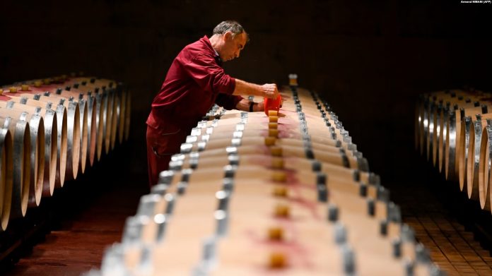 Një punëtor duke u kujdesur për fuçitë me verë në një bodrum vere në Kosovë.