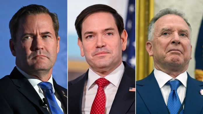 Këshilltari për sigurinë kombëtare, Mike Waltz, majtas, Sekretari i Shtetit Marco Rubio dhe i dërguari për Lindjen e Mesme Steve Witkoff. AFP/Getty Images; Reuters; AP