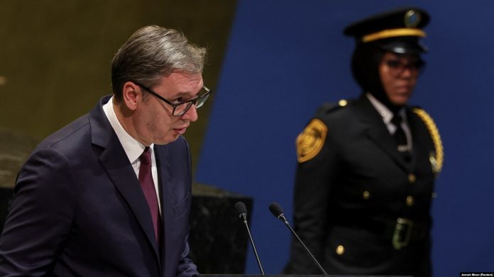 Presidenti serb, Aleksandar Vuçiq, gjatë fjalimit në OKB. 24 shtator 2025